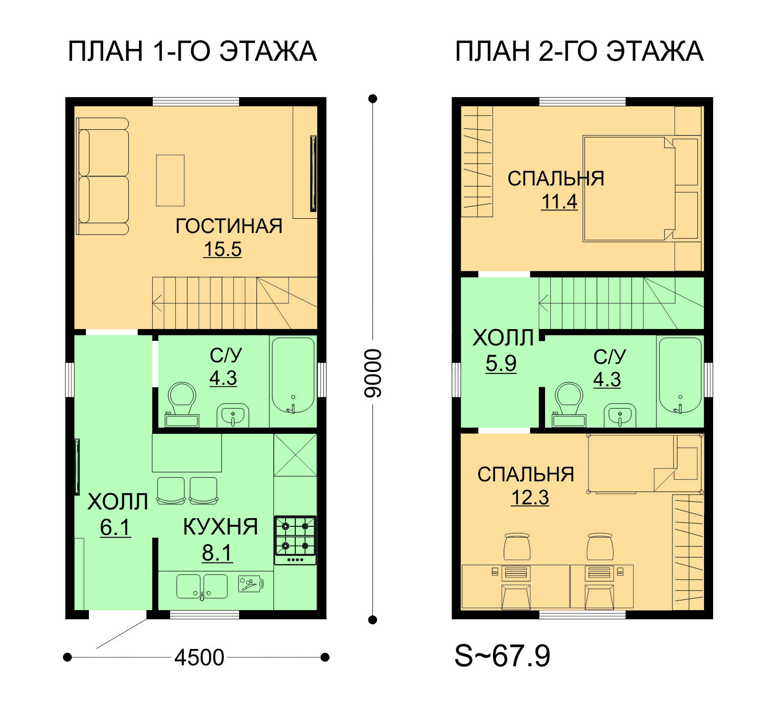 Проект ССК-67 — дом 9x4,5 67,9 кв.м. — до 100 кв.м. от ССК-ДОМ